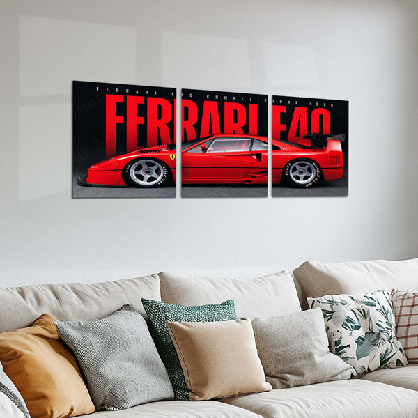 Car Metal Poster Set of 3 | Ferrari F40 Competizione | Red Classic Supercar Triptych Wall Art | Premium Automotive Metal Print