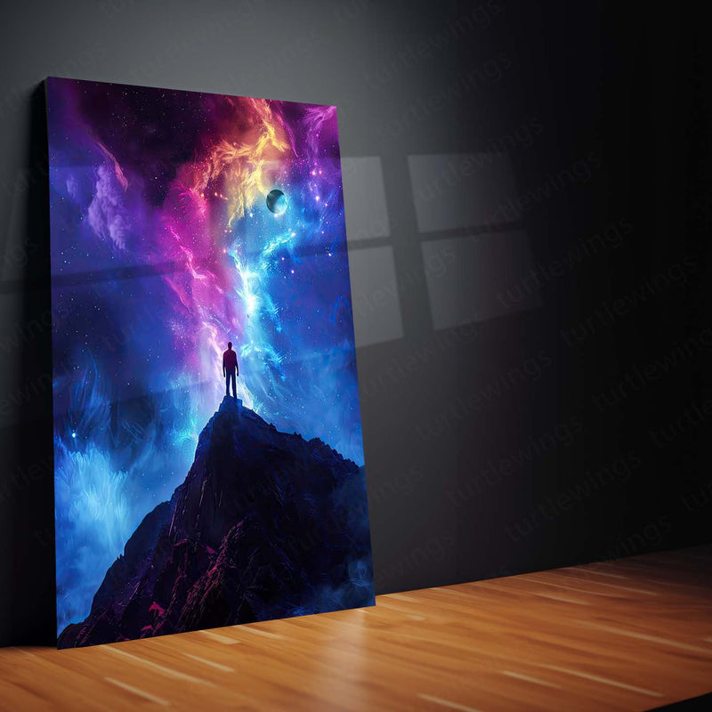 Cosmic Dreams – Man Standing Under Galaxy Sky Metal Poster | Surreal Night Wall Frame