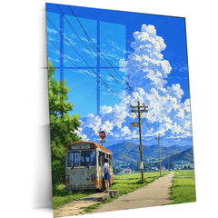 Countryside Dreams – Quiet Bus Stop Metal Poster | Serene Rural Landscape Wall Art