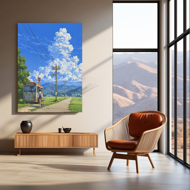 Countryside Dreams – Quiet Bus Stop Metal Poster | Serene Rural Landscape Wall Art