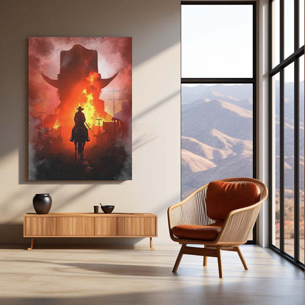 Cowboy Flames – Western Inferno Metal Poster | Rustic Wild West Wall Frame