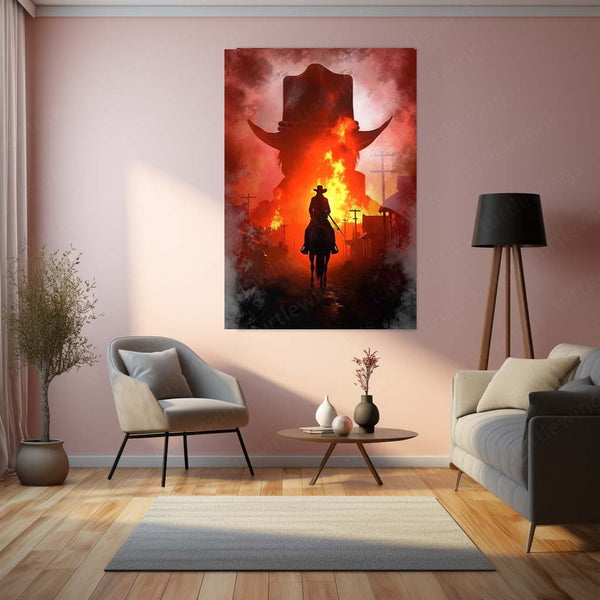 Cowboy Flames – Western Inferno Metal Poster | Rustic Wild West Wall Frame