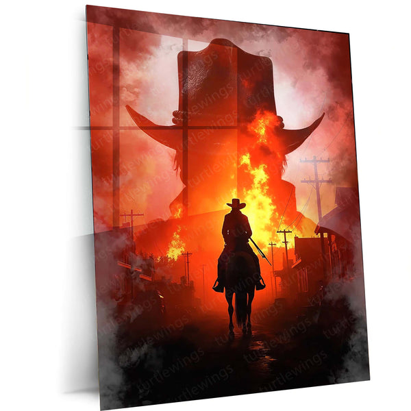 Cowboy Flames – Western Inferno Metal Poster | Rustic Wild West Wall Frame