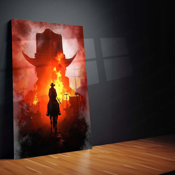 Cowboy Flames – Western Inferno Metal Poster | Rustic Wild West Wall Frame