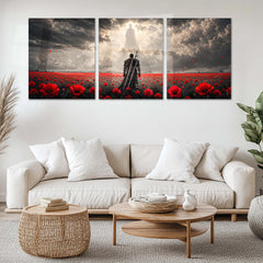 Dark Fantasy Metal Poster Set of 3 | Lone Black Swordsman Red Poppy Field & Heavenly Light Triptych Wall Art – main product