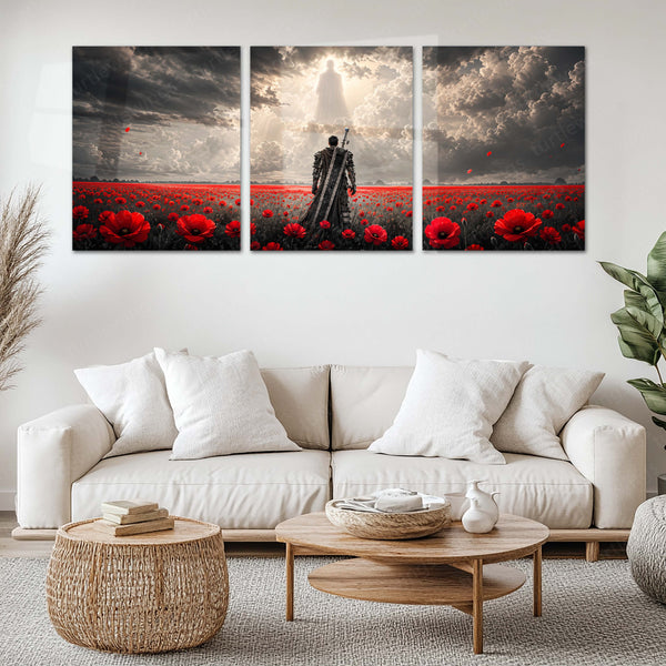 Dark Fantasy Metal Poster Set of 3 | Lone Black Swordsman Red Poppy Field & Heavenly Light Triptych Wall Art – main product