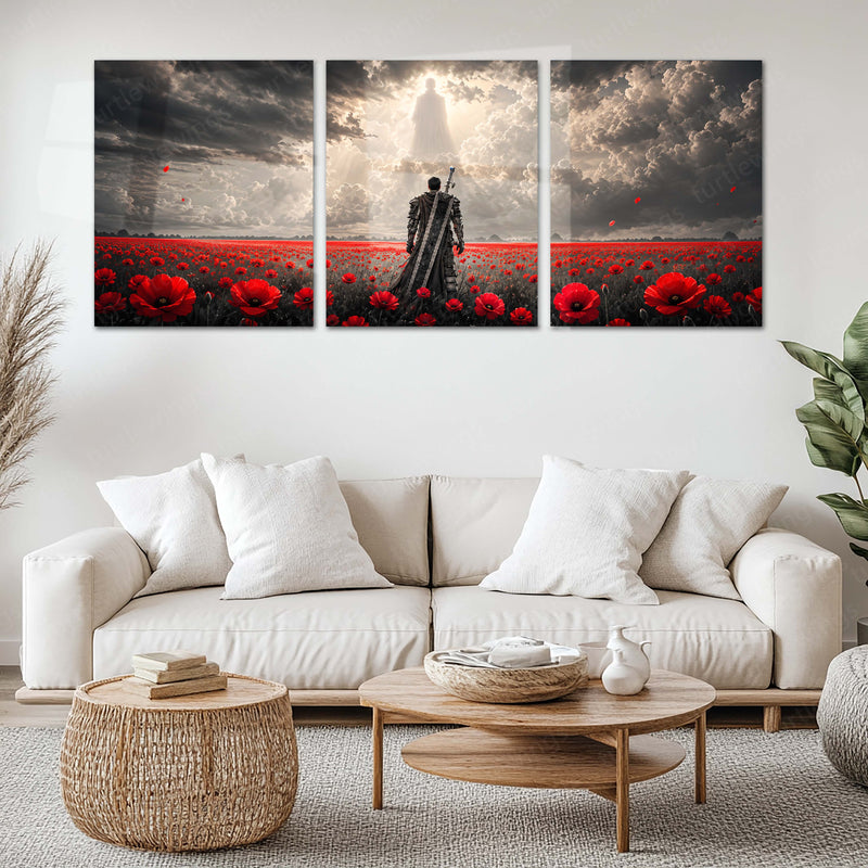 Dark Fantasy Metal Poster Set of 3 | Lone Black Swordsman Red Poppy Field & Heavenly Light Triptych Wall Art – main product