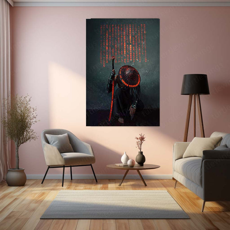 Crimson Code Samurai Metal Poster | Cyberpunk Warrior Wall Art  Ronin Futuristic Japanese Metal Frame by TurtleWings