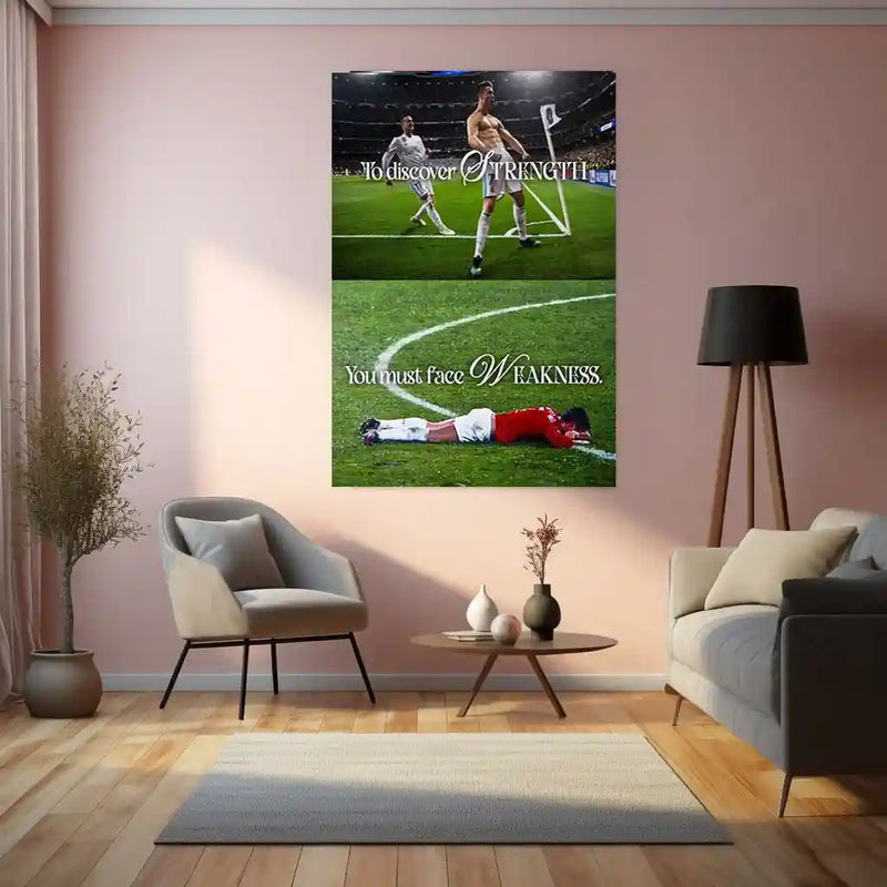 Quote Metal Poster | Cristiano Ronaldo – To Discover Strength, You Must Face Weakness | Champion Mindset Metal Frame - TURTLEWINGS 