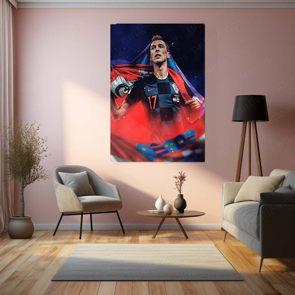 Croatia National Team Player Draped in Flag – Dark Kit Metal Frame | Patriotic Football Wall Art - TURTLEWINGS 