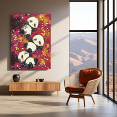 Cute Panda Trio – Relaxing in Floral Meadow Metal Poster | Animal Wall Art Frame