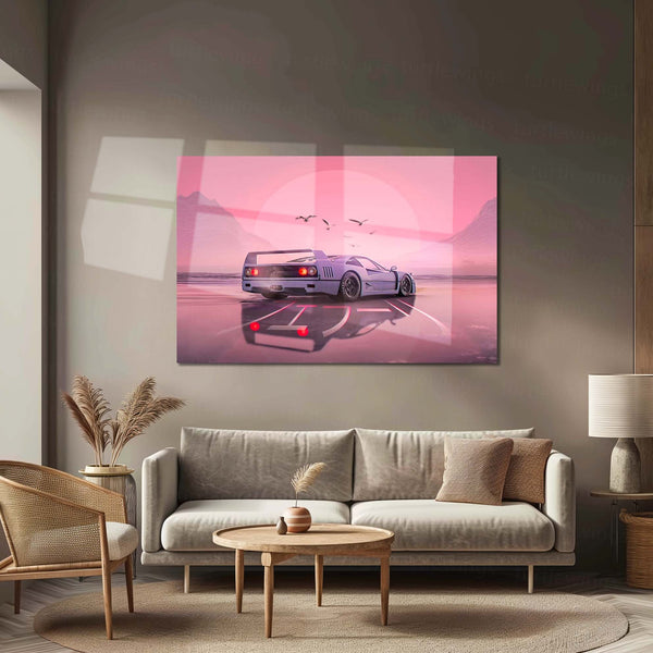 Cyber Coast Supercar Metal Poster | Retro Futuristic Dream Drive Wall Art  Synthwave Supercar Sunset Metal Frame by TurtleWings