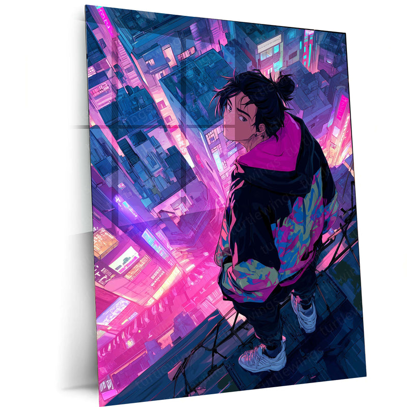 Cyberpunk Anime Boy on Rooftop – Neon City Vibes Metal Frame | Futuristic Tokyo Skyline Poster | Vaporwave Anime Decor