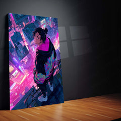 Cyberpunk Anime Boy on Rooftop – Neon City Vibes Metal Frame | Futuristic Tokyo Skyline Poster | Vaporwave Anime Decor