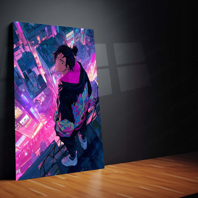 Cyberpunk Anime Boy on Rooftop – Neon City Vibes Metal Frame | Futuristic Tokyo Skyline Poster | Vaporwave Anime Decor