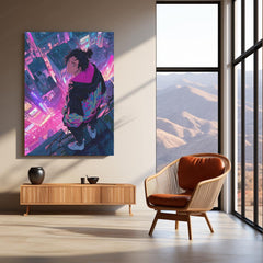 Cyberpunk Anime Boy on Rooftop – Neon City Vibes Metal Frame | Futuristic Tokyo Skyline Poster | Vaporwave Anime Decor