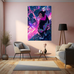 Cyberpunk Anime Boy on Rooftop – Neon City Vibes Metal Frame | Futuristic Tokyo Skyline Poster | Vaporwave Anime Decor