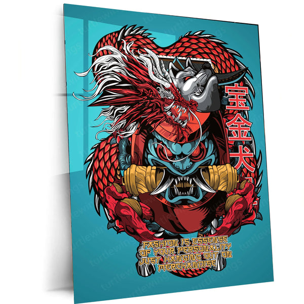 Daruma Dragon Metal Poster | Japanese Myth & Luck Fusion Art | Bold Cultural Decor - TURTLEWINGS 