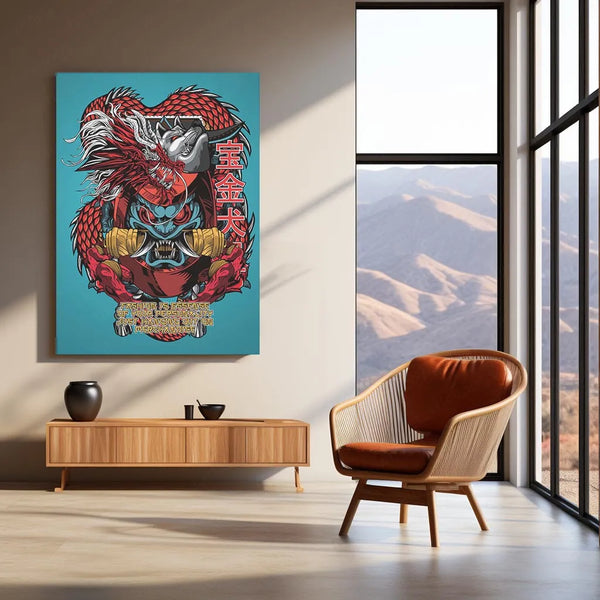 Daruma Dragon Metal Poster | Japanese Myth & Luck Fusion Art | Bold Cultural Decor - TURTLEWINGS 