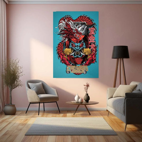Daruma Dragon Metal Poster | Japanese Myth & Luck Fusion Art | Bold Cultural Decor - TURTLEWINGS 