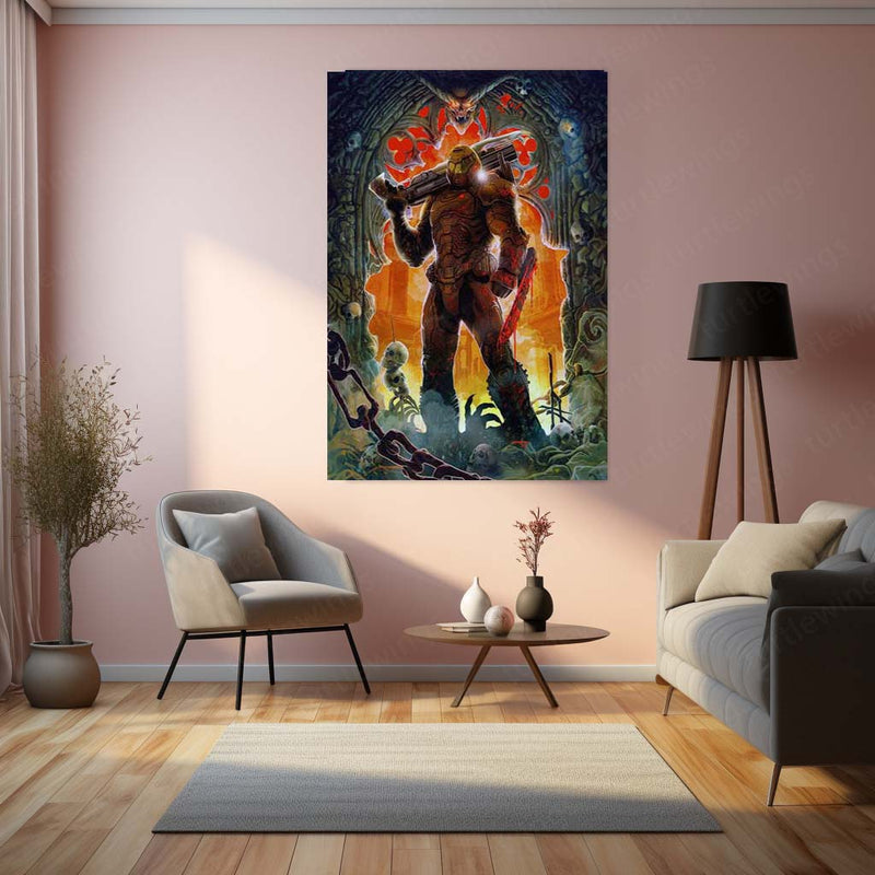 Game Metal Poster | DOOM Slayer – Eternal Battle Art Metal Poster | Demon Hunter Gaming Wall Frame 01