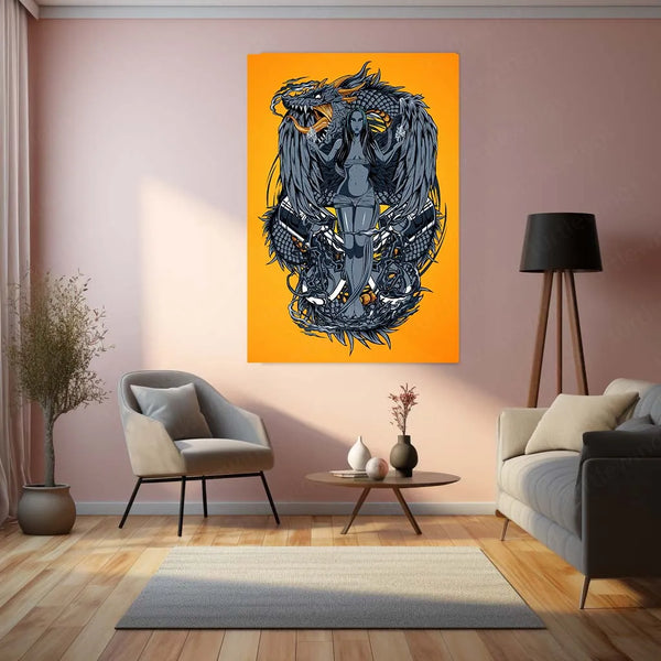Dragon Engine Metal Poster | Futuristic Myth Fusion Wall Art | Cyberpunk Fantasy Decor - TURTLEWINGS 