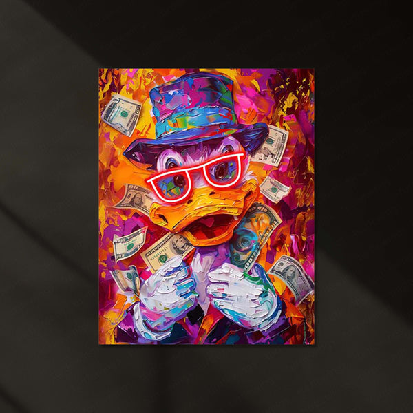 Dagobert Duck Neon Splash LED Metal Frame | Scrooge McDuck Rich Vibes Wall Art | Pop Art Glow Poster