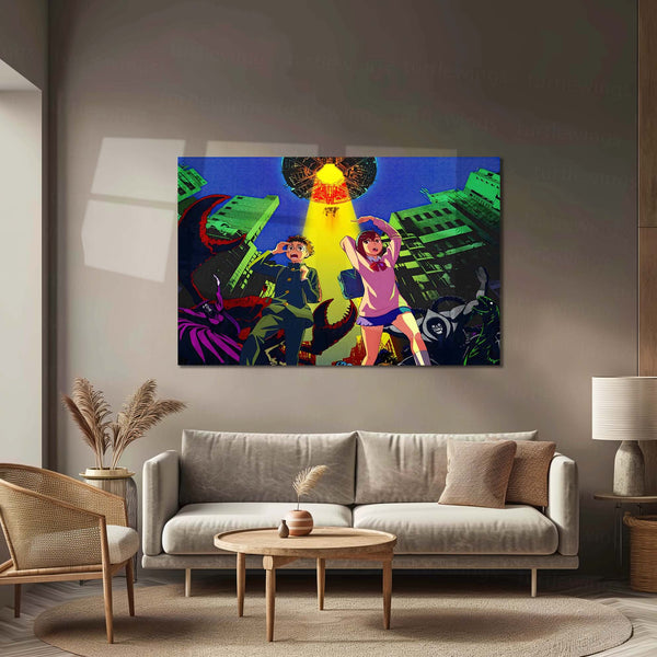 Anime Metal Poster | Dandadan – Alien Invasion Metal Poster | Sci-Fi Supernatural Anime Wall Frame