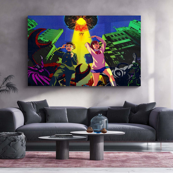 Anime Metal Poster | Dandadan – Alien Invasion Metal Poster | Sci-Fi Supernatural Anime Wall Frame