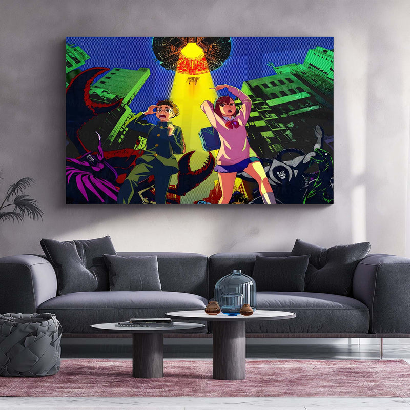 Anime Metal Poster | Dandadan – Alien Invasion Metal Poster | Sci-Fi Supernatural Anime Wall Frame