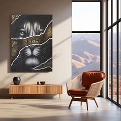Dare to Roar – Ripped Black & Gold Lion Metal Frame | Bold Motivational Wall Art | Luxury Strength Poster for Alpha Spaces