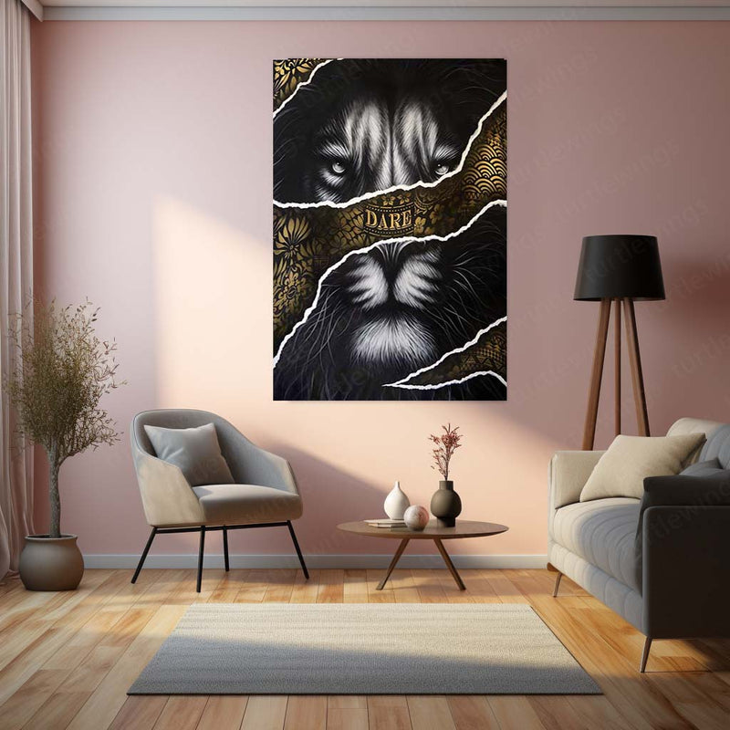Dare to Roar – Ripped Black & Gold Lion Metal Frame | Bold Motivational Wall Art | Luxury Strength Poster for Alpha Spaces