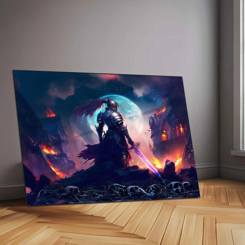 Dark Knight With Burning Village Metal Poster | Epic Fantasy Warrior Wall Art