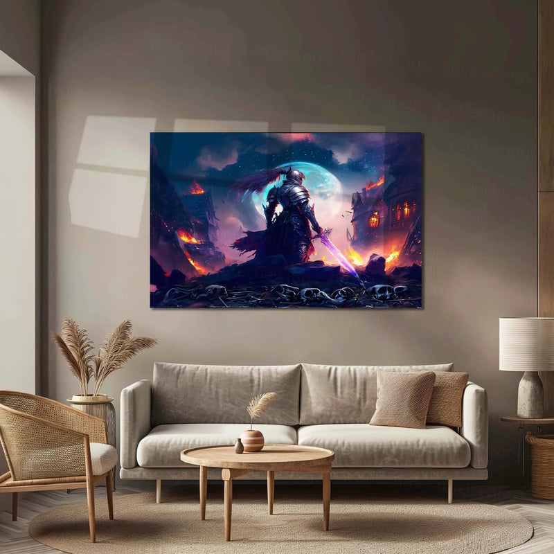 Dark Knight With Burning Village Metal Poster | Epic Fantasy Warrior Wall Art