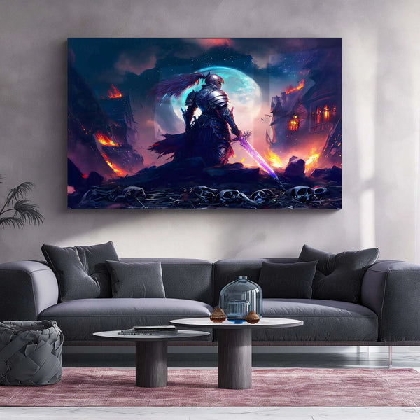 Dark Knight With Burning Village Metal Poster | Epic Fantasy Warrior Wall Art