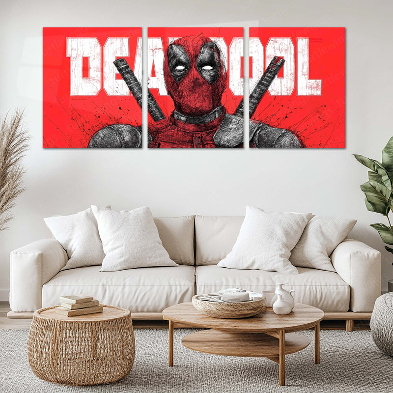 Superhero Metal Poster Set of 3 | Deadpool | Red Comic Style Triptych Wall Art – main product image