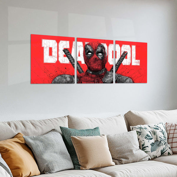 Superhero Metal Poster Set of 3 | Deadpool | Red Comic Style Triptych Wall Art – product image 2