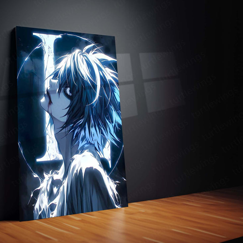 Anime Metal Poster | Death Note – Detective L Crimson Mystery Aura Metal Poster | Dark Anime Wall Frame