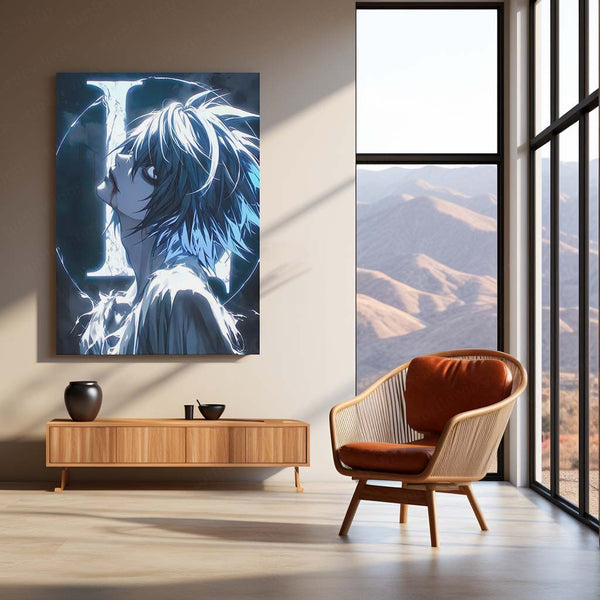 Anime Metal Poster | Death Note – Detective L Crimson Mystery Aura Metal Poster | Dark Anime Wall Frame