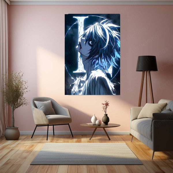 Anime Metal Poster | Death Note – Detective L Crimson Mystery Aura Metal Poster | Dark Anime Wall Frame