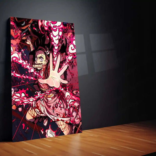 Anime Metal Poster | Demon Slayer Metal Frame | Nezuko Action Pose Wall Art | Premium Anime Metal Poster