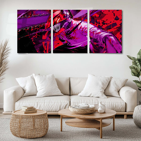 Anime Metal Poster Set of 3 | Denji Chainsaw Man | Chainsaw Man Anime Triptych Wall Art | Red & Purple 3 Panel Metal Print