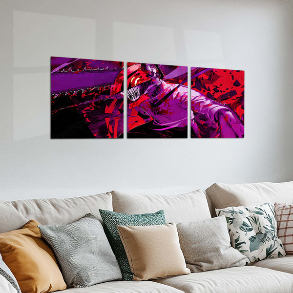 Anime Metal Poster Set of 3 | Denji Chainsaw Man | Chainsaw Man Anime Triptych Wall Art | Red & Purple 3 Panel Metal Print