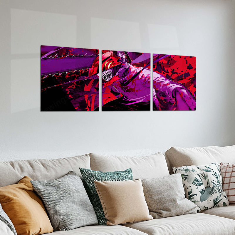 Anime Metal Poster Set of 3 | Denji Chainsaw Man | Chainsaw Man Anime Triptych Wall Art | Red & Purple 3 Panel Metal Print