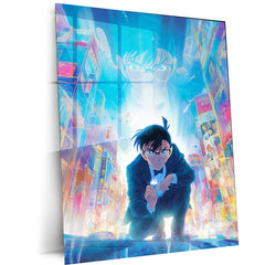 Detective Conan in Neon City – Futuristic Anime Mystery Metal Frame | Cyber Noir Poster for Anime Sleuths & Collectors