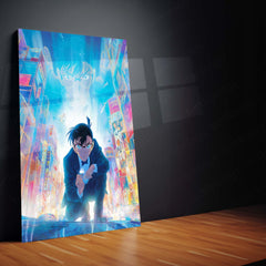 Detective Conan in Neon City – Futuristic Anime Mystery Metal Frame | Cyber Noir Poster for Anime Sleuths & Collectors