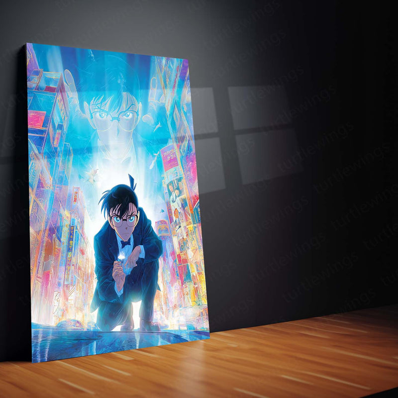 Detective Conan in Neon City – Futuristic Anime Mystery Metal Frame | Cyber Noir Poster for Anime Sleuths & Collectors