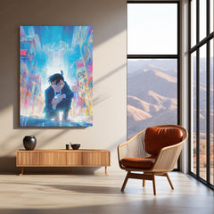 Detective Conan in Neon City – Futuristic Anime Mystery Metal Frame | Cyber Noir Poster for Anime Sleuths & Collectors