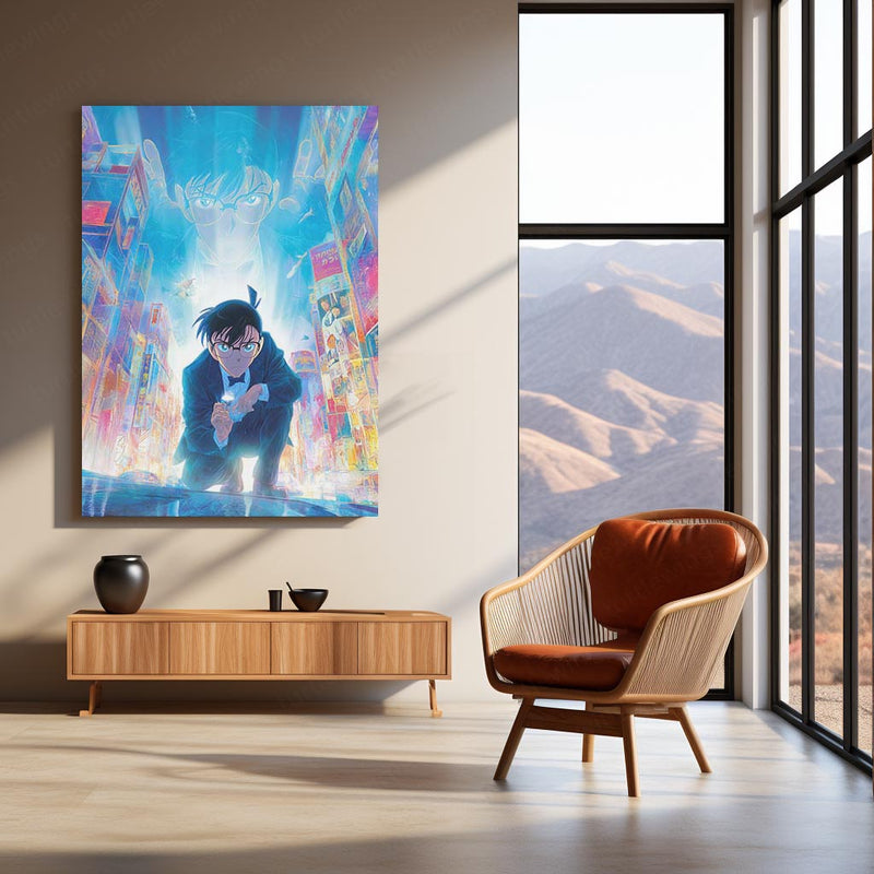 Detective Conan in Neon City – Futuristic Anime Mystery Metal Frame | Cyber Noir Poster for Anime Sleuths & Collectors