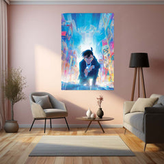 Detective Conan in Neon City – Futuristic Anime Mystery Metal Frame | Cyber Noir Poster for Anime Sleuths & Collectors